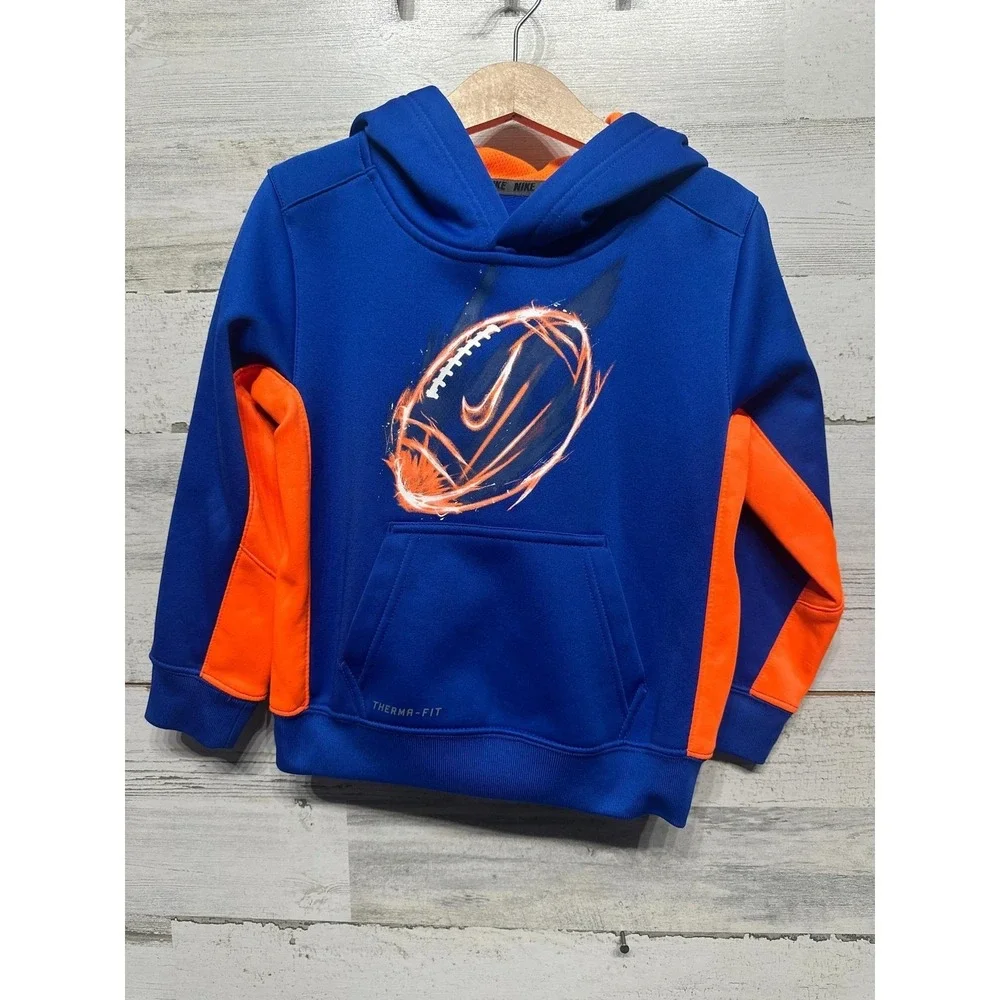 Nike Therma-FIT Hoodie Boys 4 Blue Orange Football Graphic EUC
